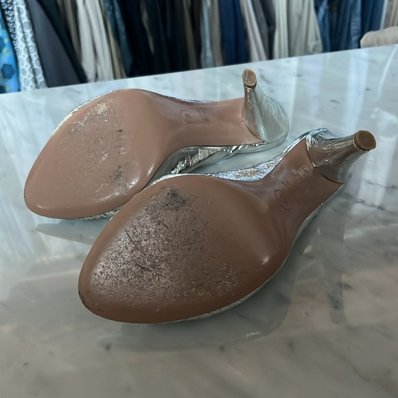 Used once Veronica Beard Pari Silver Foil Metallic Slide Peeptoe Pumps Heels - Picture 6 of 8